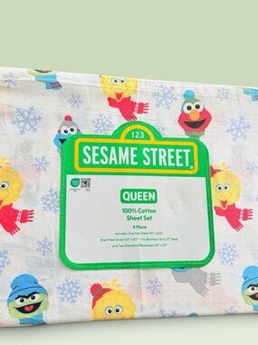 Sesame Street Christmas Queen Sheet Set 100% Cotton Cookie Monster Elmo Oscar